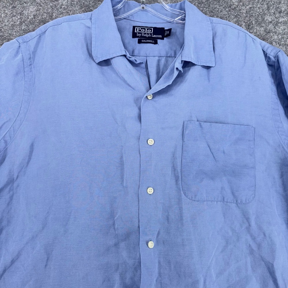 VTG Ralph Lauren Caldwell Shirt Mens Medium Blue Silk Linen Short Sleeve Y2K